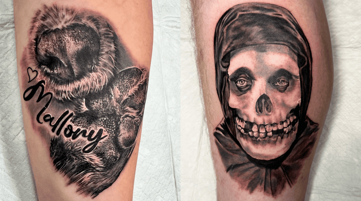 A side-by-side display of two detailed black-and-grey realism tattoos on skin. The image on the left features a highly realistic pet memorial tattoo showing a detailed dog nose print and paw print, paired with a small heart and the script name 'Mallory'. The image on the right showcases a dark realism portrait tattoo of the iconic Misfits Crimson Ghost skull character wearing a dark hood.