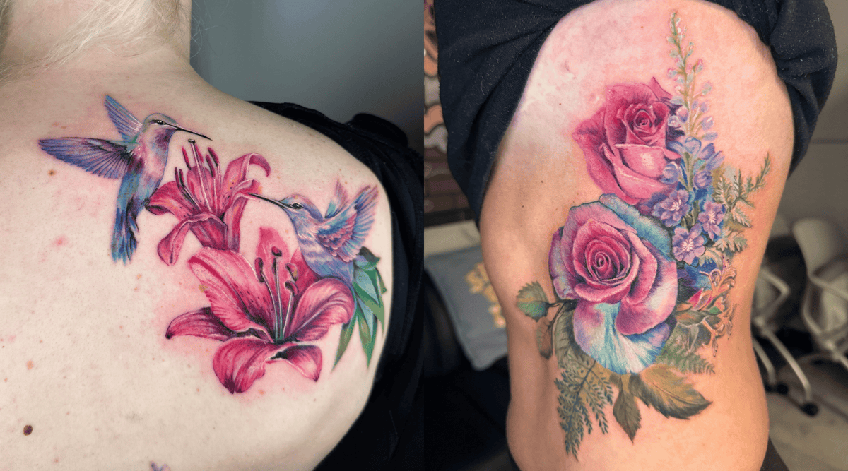 A side-by-side showcase of two vibrant, full-color floral tattoos. The left image features two soft purple and blue hummingbirds hovering around bright pink lily blossoms on a person's upper back. The right image displays a highly detailed color realism rib tattoo featuring large purple-tipped pink roses paired with delicate blue wildflowers and green ferns.