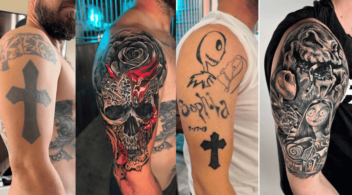 Before and after comparison of two large arm tattoo cover-ups. The first set shows an old tribal pattern and black cross transformed into a detailed black-and-grey skull and rose tattoo with vibrant red accents. The second set shows a simple line-art 'Nightmare Before Christmas' drawing and a cross covered up by a complex, dark realism tattoo of Jack Skellington, Sally, and Oogie Boogie.