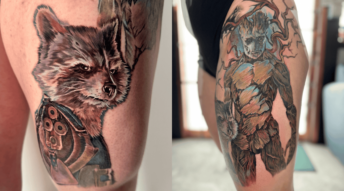 A side-by-side display of a custom Marvel pop culture leg tattoo. The left image shows a close-up, color realism portrait of Rocket Raccoon holding his blaster gun. The right image shows the full-length view of the thigh tattoo, featuring Groot standing alongside Rocket Raccoon, expertly designed as a cohesive piece by Addy Cat Ink.